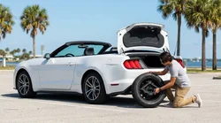 Person inspecting a spare tyre and jack in the open trunk of a car hire in Florida