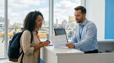 Traveler handing a driver's license to a car hire agent at a counter in New York