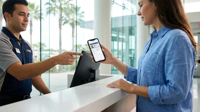 Person showing a smartphone screen to an agent at a car rental desk in Orlando