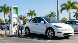 White electric car plugged into a charging station at a sunny Florida car rental lot