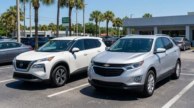 Two SUVs of different sizes parked next to palm trees at an Orlando car hire lot