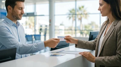 Close-up of a person handing a driving licence to an agent at a Florida car rental counter