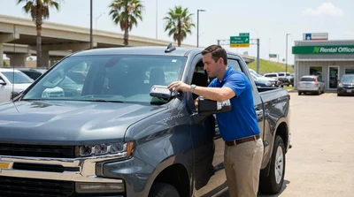 Driver inspecting a windshield toll tag inside a car rental on a sunny Texas highway