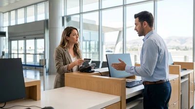 Customer handing a debit card to an agent at a car hire desk in San Francisco