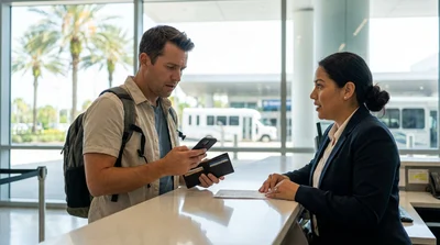 A customer handing a credit card to an agent at a car rental desk inside an Orlando airport terminal