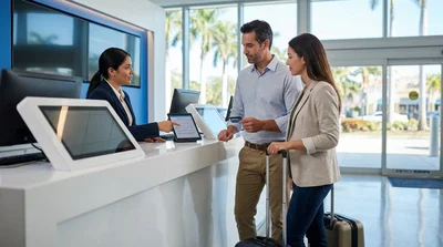 Customer receiving keys from an agent at a car hire desk in Miami