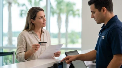Hands exchanging keys over the counter at a car rental desk in Orlando