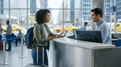 Person checking a smartphone next to a car rental vehicle on a New York street