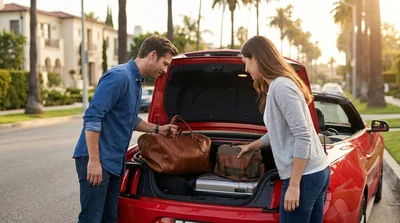 Person loading suitcases into the trunk of a car rental parked under palm trees in Los Angeles