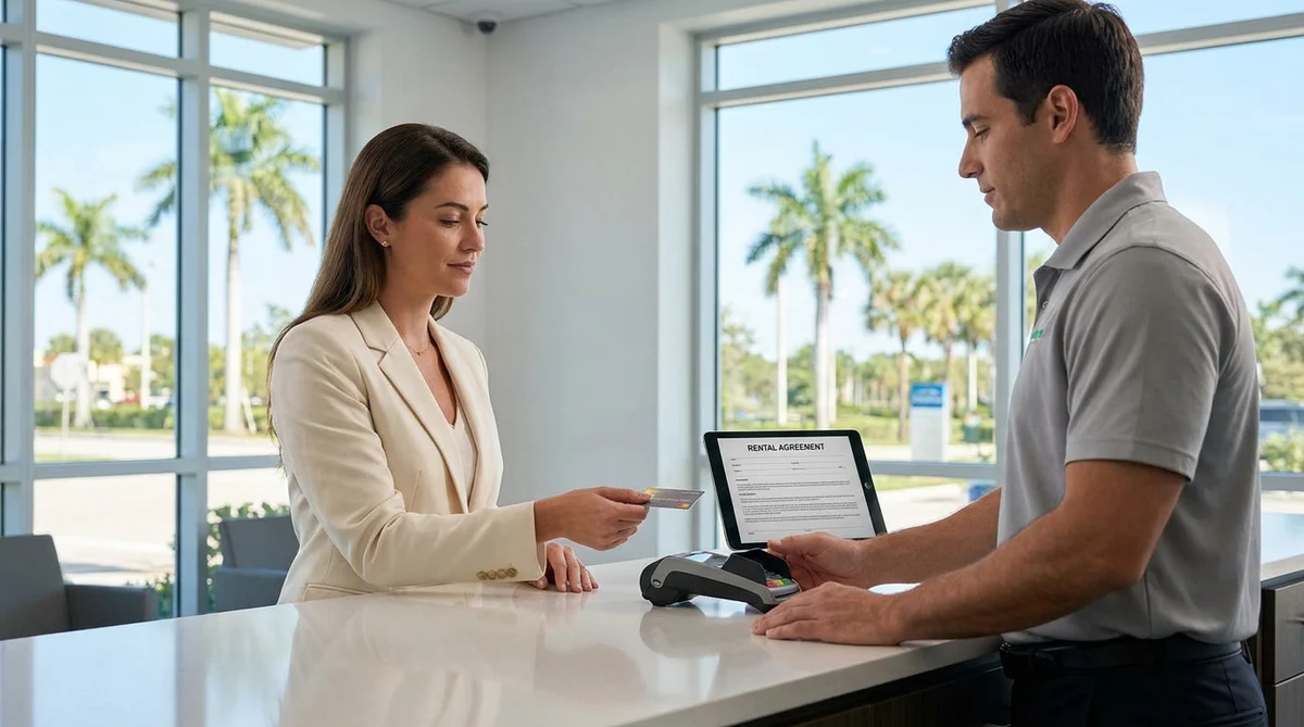 Customer handing a credit card to an agent at a car rental desk in Florida