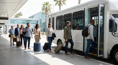 A shuttle bus parked at a Los Angeles airport terminal with a sign for the car rental center