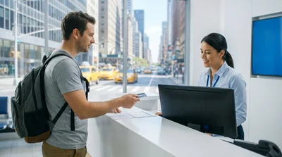 Customer handing a credit card to a desk agent for a car rental pickup in New York