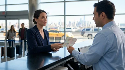 Customer presenting a passport and driver's licence at a New York car hire desk