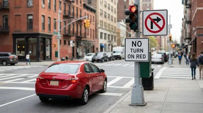 A car rental stopped at a red traffic light next to a no turn on red sign in New York