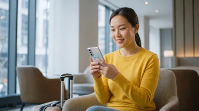 An East Asian woman downloads offline maps on her phone in a bright New York lounge before car rental.