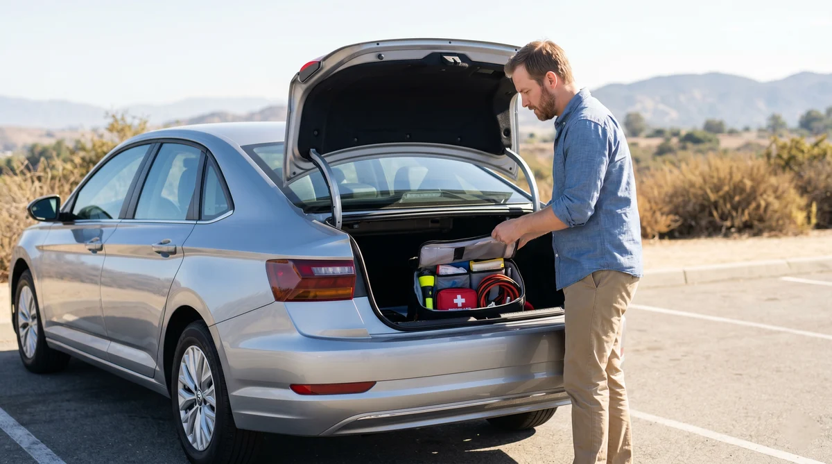 Checking emergency kit in trunk of California car rental.