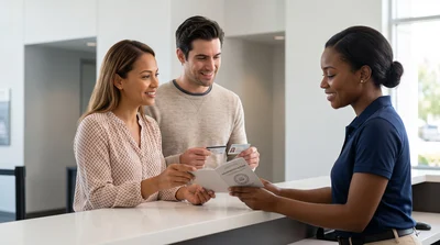 A diverse couple presents identification documents to a smiling car rental agent at an indoor counter in California.