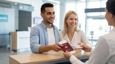Diverse couple presenting documents at a New York car hire counter for vehicle pick-up.