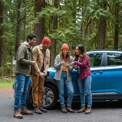 A group of diverse friends charging a blue EV rental car in a forest, planning their Seattle to Olympic National Park trip.