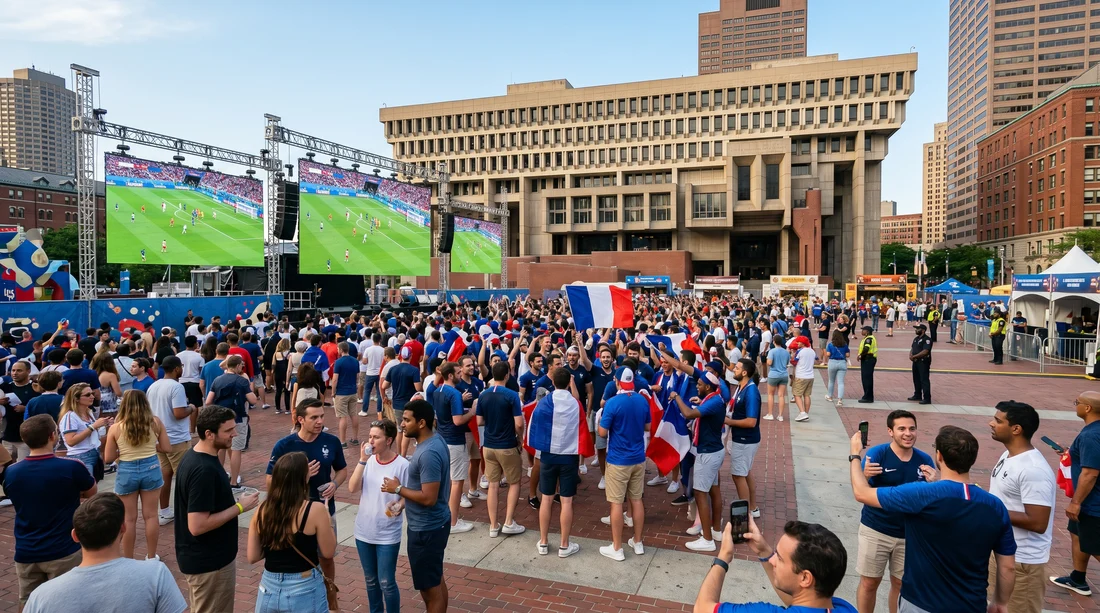 Aficionados de Francia celebrando en una fan zone al aire libre con pantallas gigantes durante el Mundial FIFA 2026 en una plaza urbana.