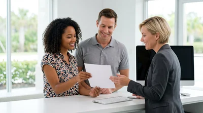 Diverse couple shows a temporary paper licence receipt to an agent at a Florida car hire counter.