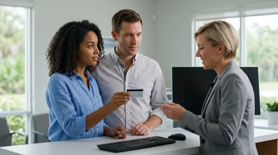 Diverse couple shows a generic driving licence card to an agent at a Florida car hire counter.
