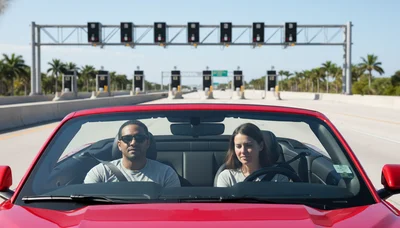 A red rental car approaching a cashless toll road in Florida, with a couple in the front seats.