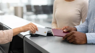 Hands place a foreign credit card on a counter terminal with a passport for car rental in New York.