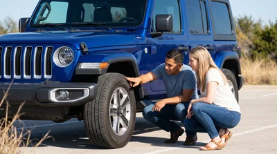 A couple inspects the tires and glass on a rental Jeep in Texas before checking coverage details.