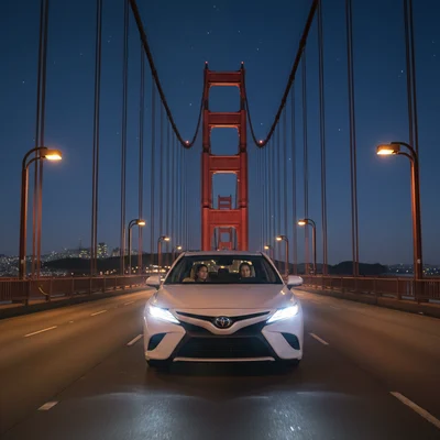 A white sedan (Toyota Camry) with its headlights on, carrying two people, drives across the Golden Gate Bridge at night. This image symbolizes driving a rental car across the bridge, potentially relating to toll payments from SFO.