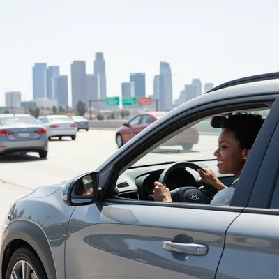 A happy driver in a grey rental car (Hyundai Kona) navigating a highway with the Los Angeles skyline in the background, making a car choice.