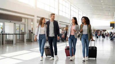 Happy group of travellers with luggage move through Orlando airport after landing.