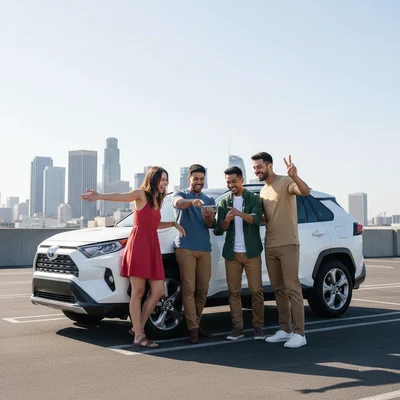 A diverse group of friends happily interacting by a white SUV with the Los Angeles skyline in the background on a bright, clear day.