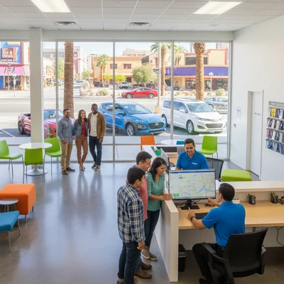 A family at a counter in a bright Las Vegas office, looking at a map on a screen with an agent.