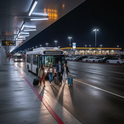 A group of four diverse travelers with luggage exiting a shuttle bus at an airport facility at night, highlighting the process of reaching the car rental lot from LAX.