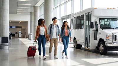 A diverse group of travelers navigates a bright airport terminal toward a shuttle for car hire in Los Angeles.