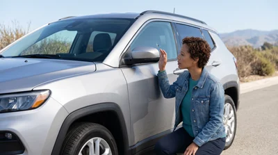 A woman inspecting a rental car windscreen and tyre for damage in California.