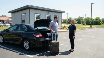 Customer receiving keys from an agent at an outdoor off-airport car rental lot next to a black sedan.