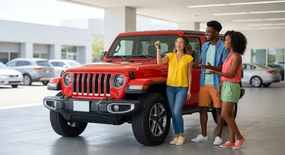 Four happy friends in a sunny US car hire lot, excited about a red Jeep Wrangler they got as a special deal.