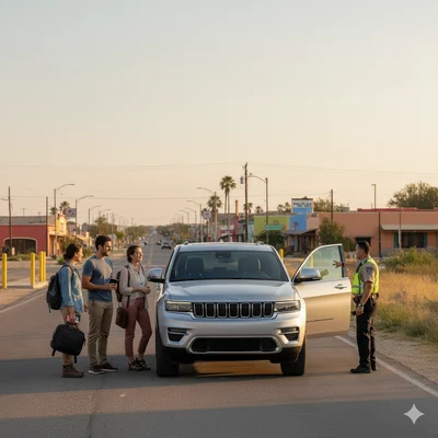 A group of three travelers with a silver Jeep Grand Cherokee at a border crossing checkpoint, interacting with an official, depicting car rental to Mexico from McAllen.