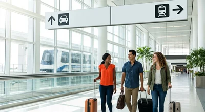 Three friends with luggage walk confidently along a sunlit Miami Airport concourse toward the car hire transit.