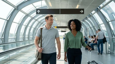 Travelers with luggage walk on a well-lit transit platform from Terminal D at Miami Airport to car rental.