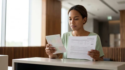 A female traveler indoors compares a passport and a booking document at a desk with a thoughtful expression.