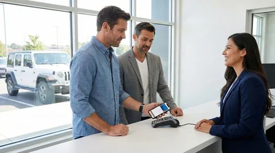Customer using a phone mobile wallet to pay at a US car rental pick-up counter.