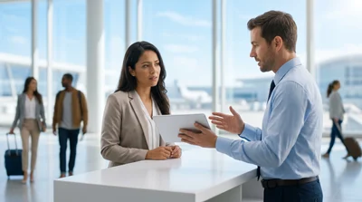 A traveler at a California car hire counter looks confused while an agent explains multiple credit card holds.