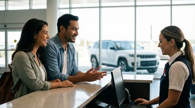 Couple asking for a free upgrade or better price at a US car rental counter.