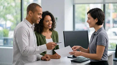 Diverse couple discusses changing the driver name with an agent at a New York car hire counter.