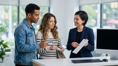 Diverse couple shows generic ID cards to an agent at a New York car hire counter.
