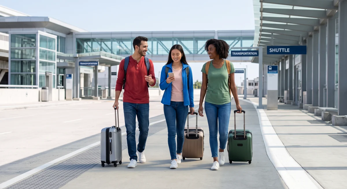 Travelers navigating outdoor transit area for off-airport car hire pick-up at LAS, Las Vegas.
