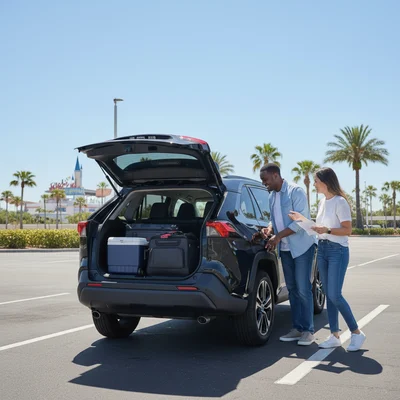 A family looking happy and relaxed as they load luggage into a modern black SUV for a long-term car rental in Orlando.